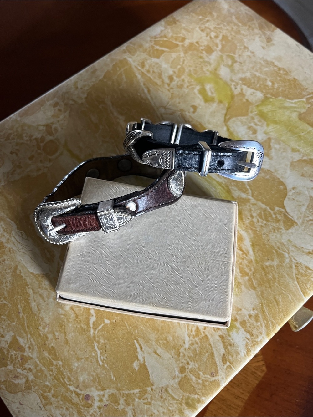 Women's Leather Western Bracelet with Silver Buckle Accents - Black and Brown